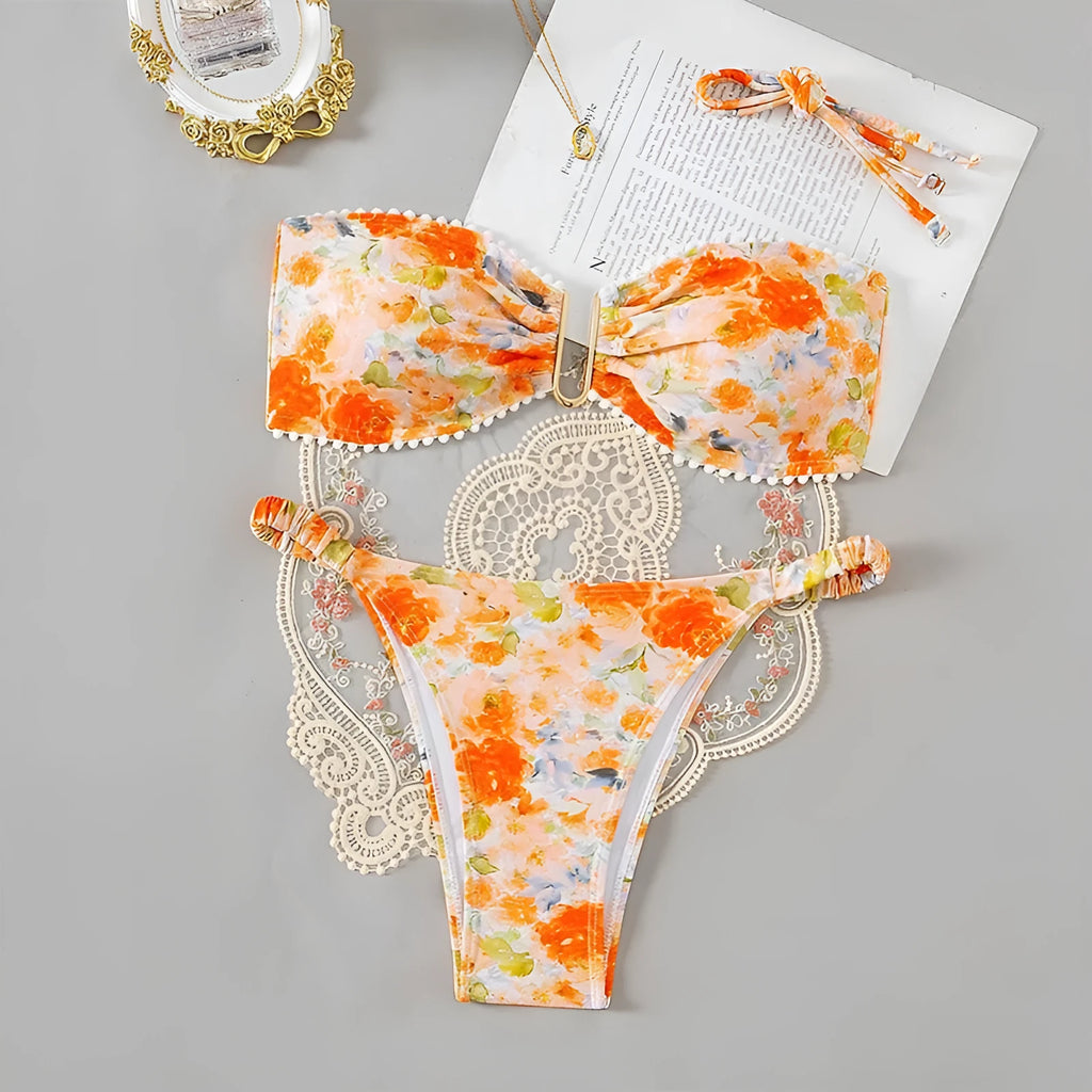 Printed flower pattern polyester bikini swimsuit for women in multi-colour, available in sizes S to XL