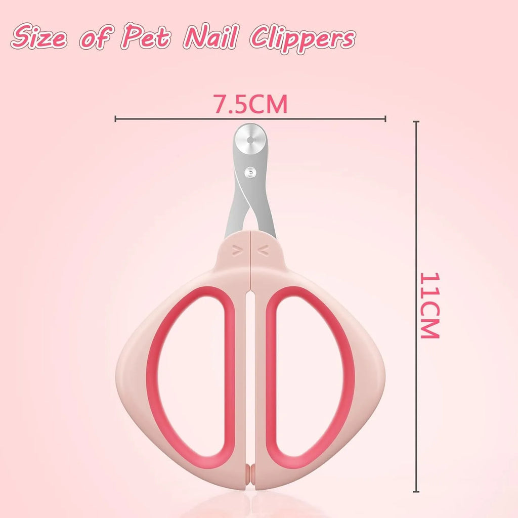 Pink and blue cat nail clippers with a safety guide hole and stainless steel blade on a white background.