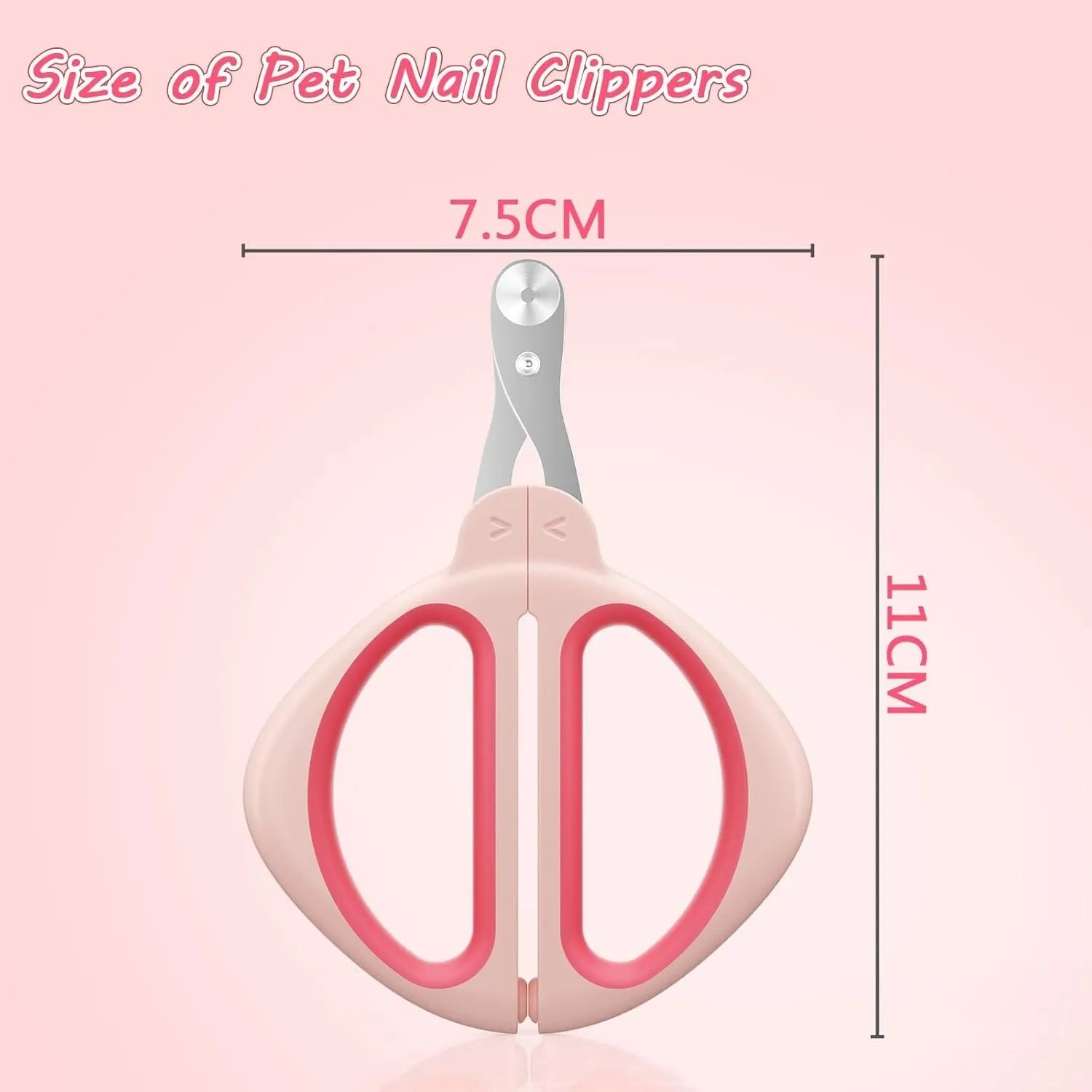 Pink and blue cat nail clippers with a safety guide hole and stainless steel blade on a white background.