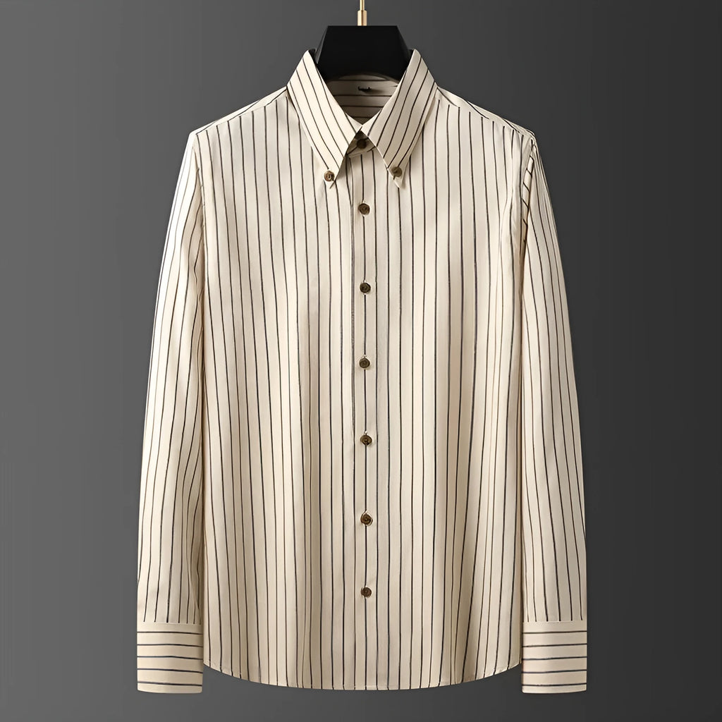 Coffee coloured striped men's long-sleeved business shirt with slim fit on a plus-size model
