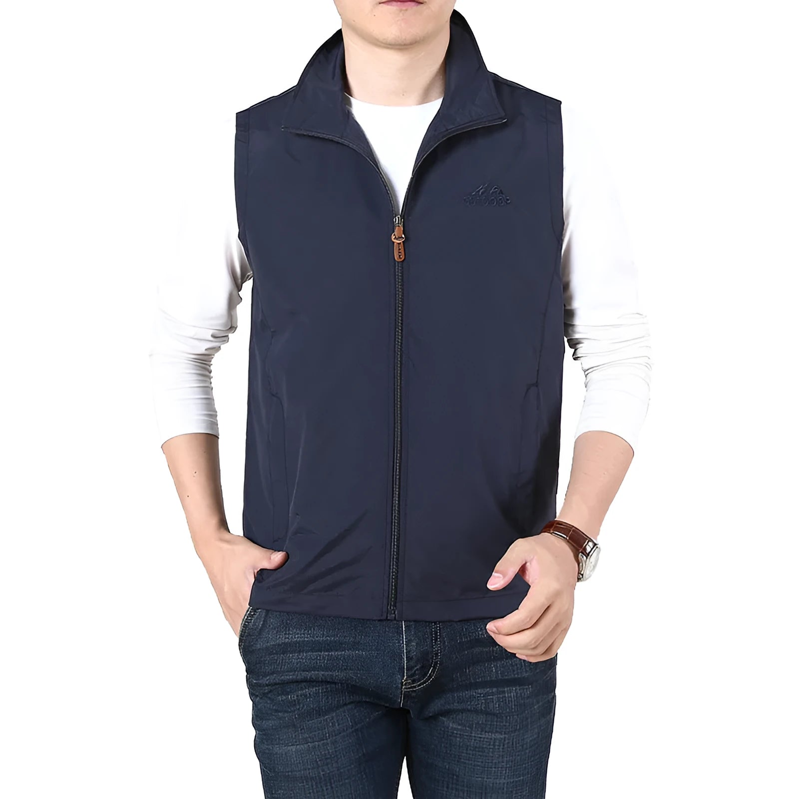 Niandun men's solid-colour thin waistcoat vest with side seam pockets, shown in a loose casual fit.