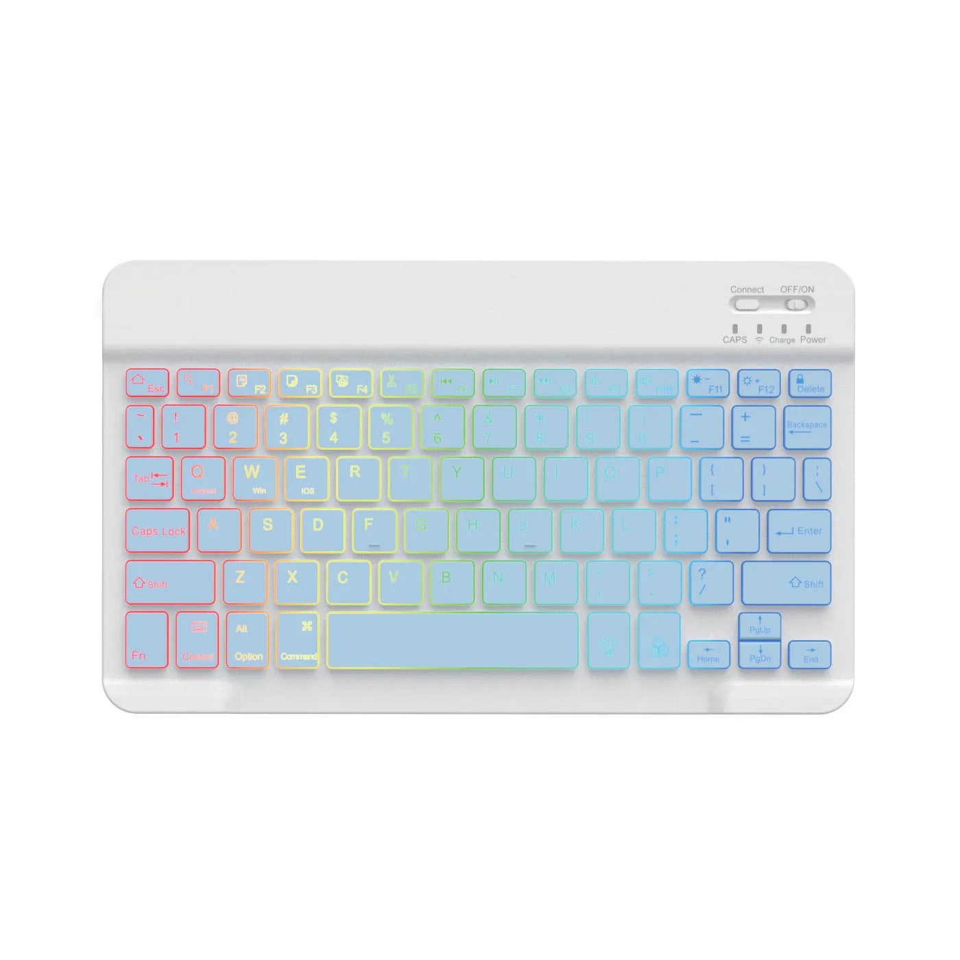 10-inch black Bluetooth keyboard with colourful LED backlighting for tablets on a desk.