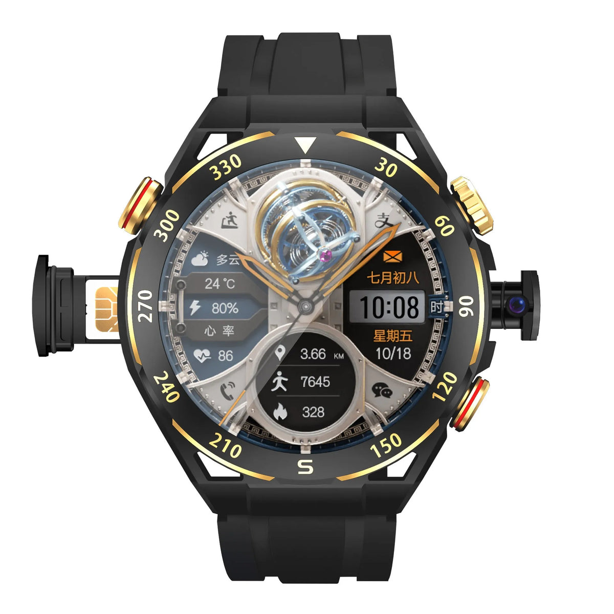 WS10 smart watch with AMOLED multi-touch screen, 128GB memory, black or black gold colour