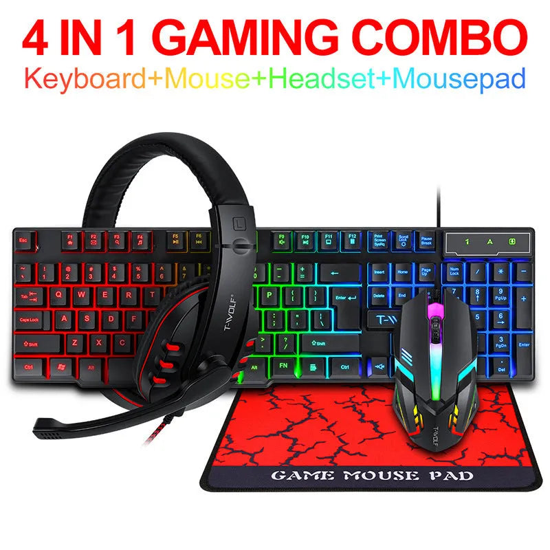 Thunder Wolf T800 four-piece gaming peripheral set showing keyboard, mouse, headset, and mouse pad