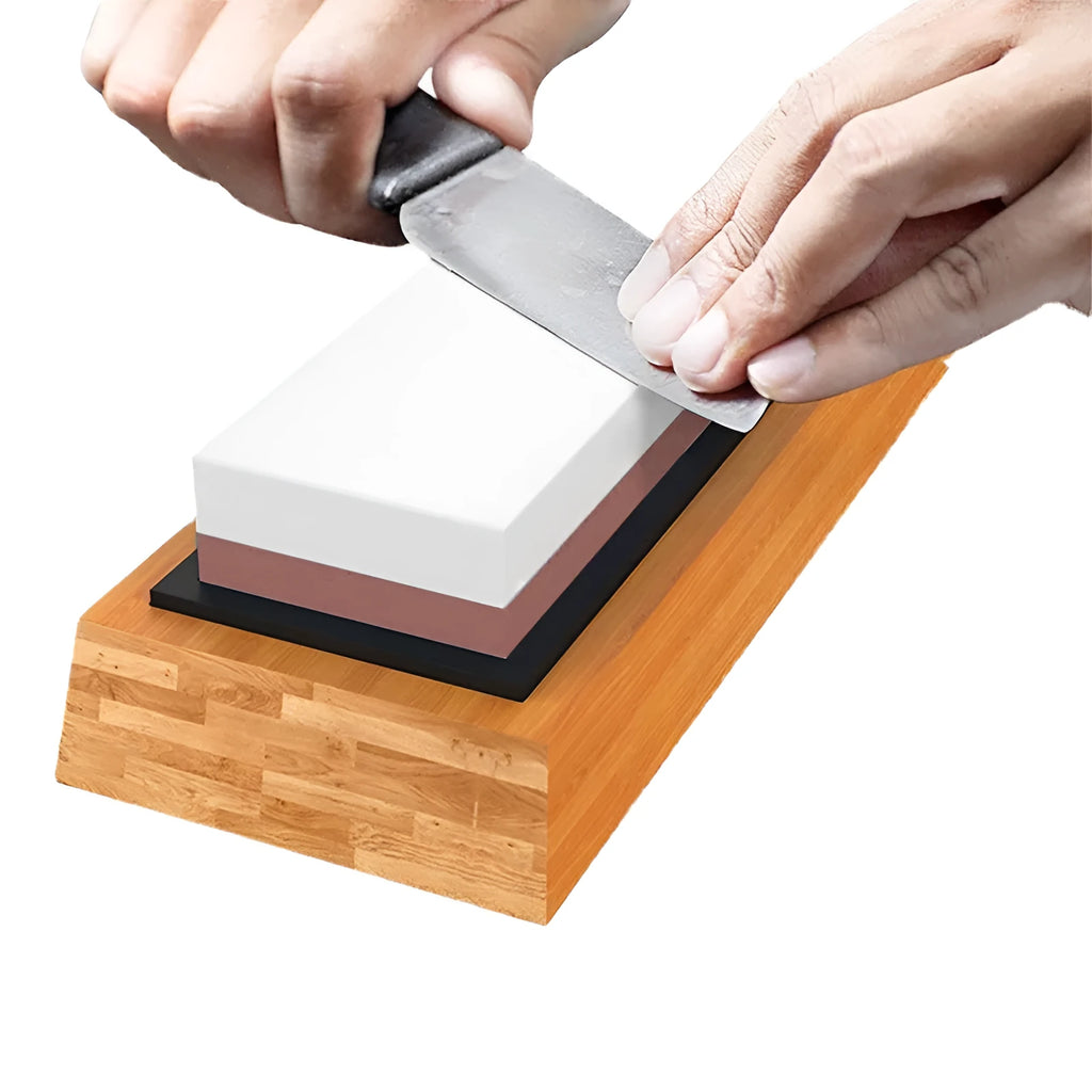 Double-sided 3000/8000 grit whetstone with bamboo base for kitchen knife sharpening