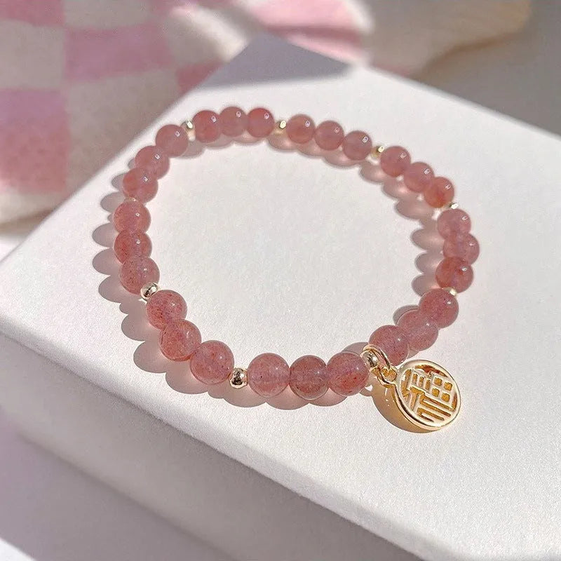 Strawberry quartz blessing card bracelet for women with glass beads and manual crafting