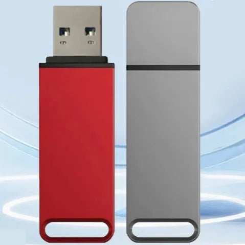 Customisable metal USB flash drive in black, red, and silver colours showing large capacity options.
