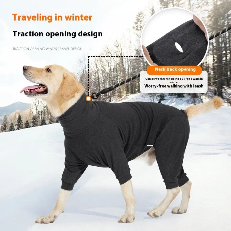 Dark grey polar fleece dog coat with high collar and four-legged design for winter warmth