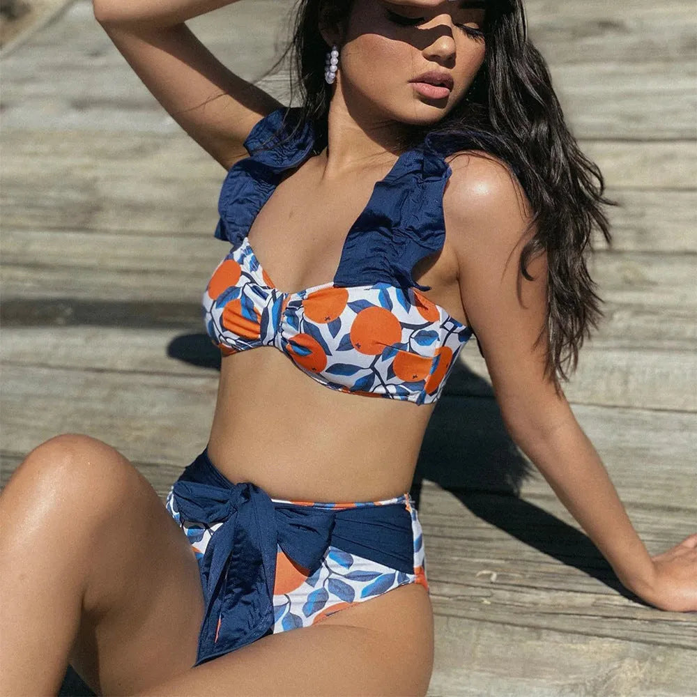 Women's Blue Leaf Orange printed high waist bikini swimsuit with sleeveless briefs design