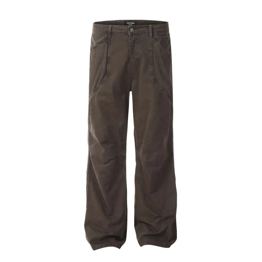 Men's brown loose straight leg jeans with high waist design and zip fly closure