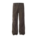 Men's brown loose straight leg jeans with high waist design and zip fly closure