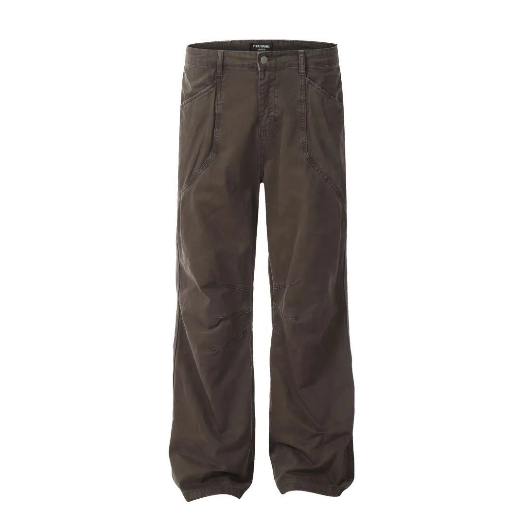 Men's brown loose straight leg jeans with high waist design and zip fly closure