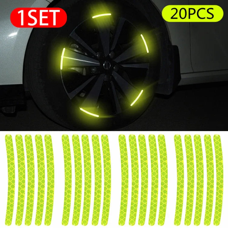 Pack of 20 multi-colour reflective PVC stickers for car wheel hub safety.