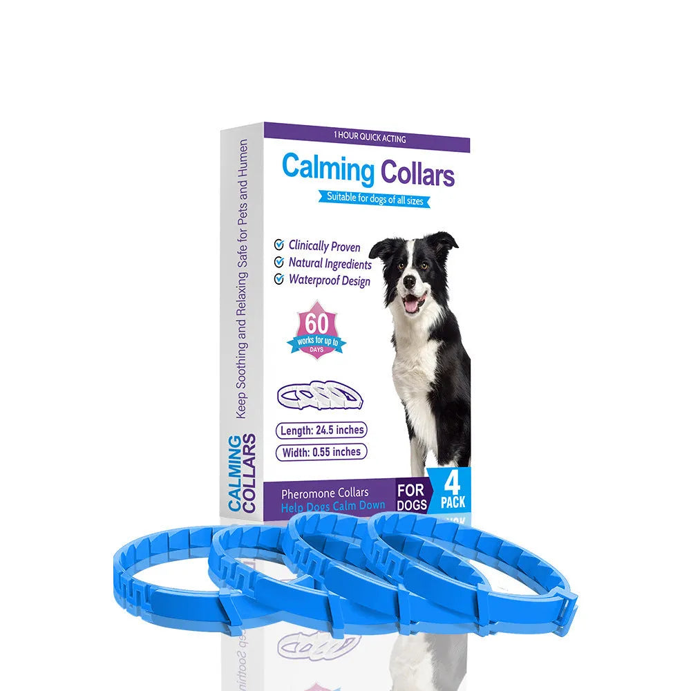 Set of four soft TPR dog anxiety collars in different colours with a Chinese monochrome pattern.