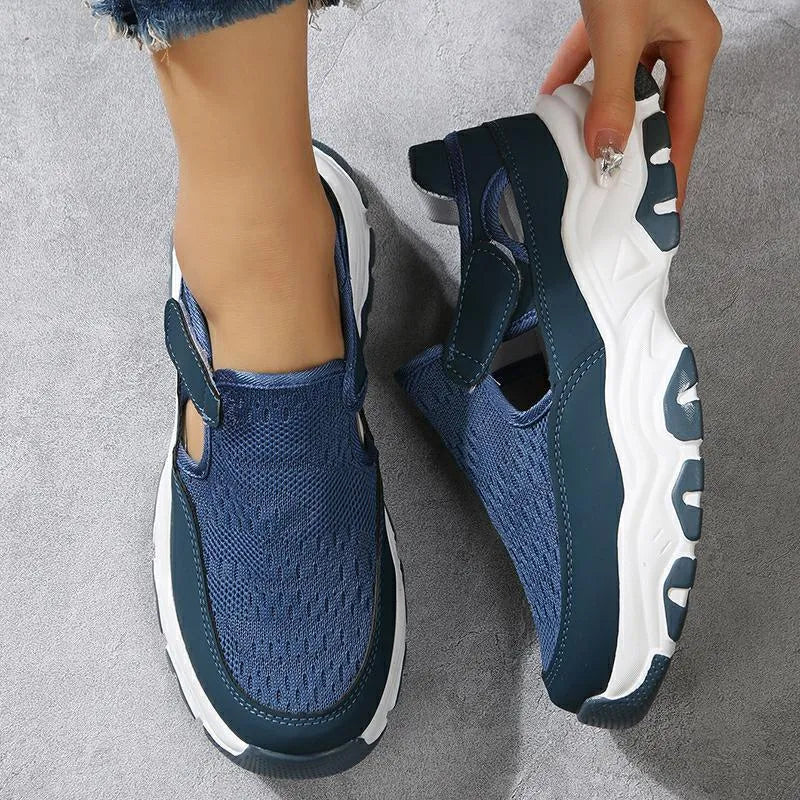 Women's mesh sport shoes with flat heel round toe Velcro closure in red black and blue colours