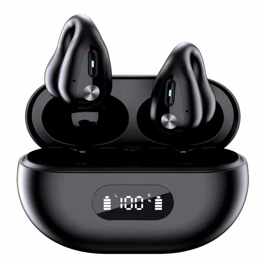 Wireless in-ear Bluetooth 5.3 headset with ear clip design in black, white, and khaki on charging case