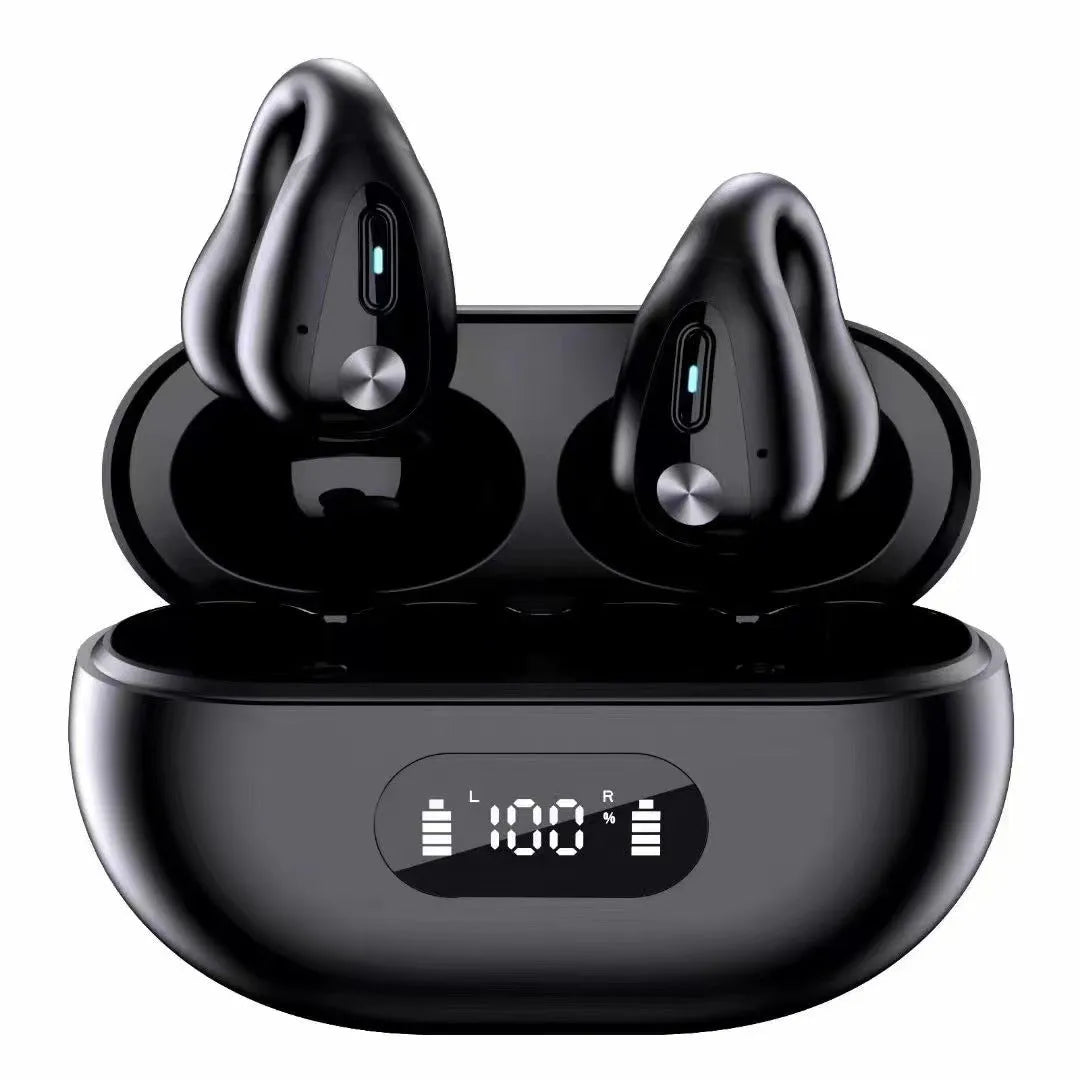 Wireless in-ear Bluetooth 5.3 headset with ear clip design in black, white, and khaki on charging case