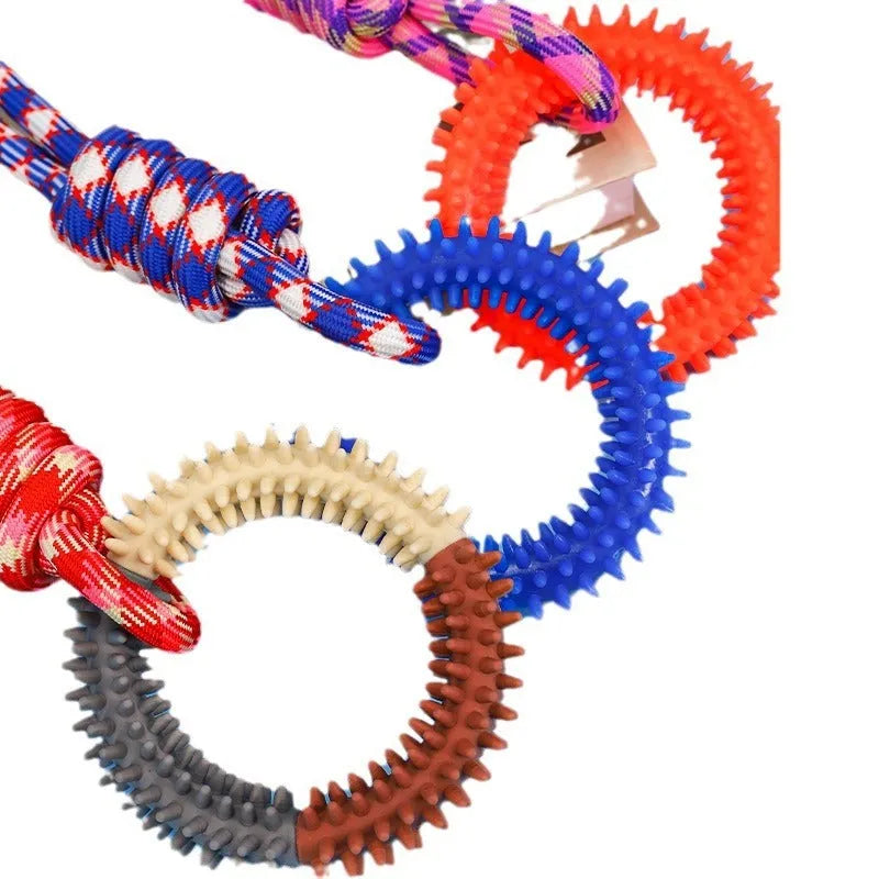 Blue braided rope dog toy with knot design measuring 43cm in length