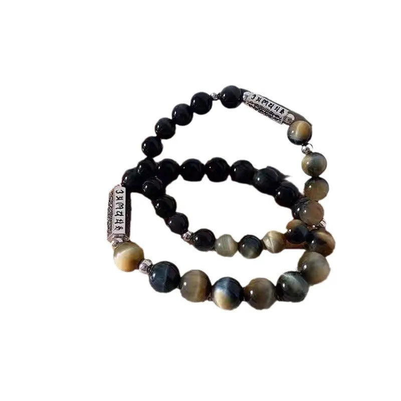 Tigereye Obsidian S925 Sterling Silver Six Words Mantra couple bracelet set in Chinese geometric style