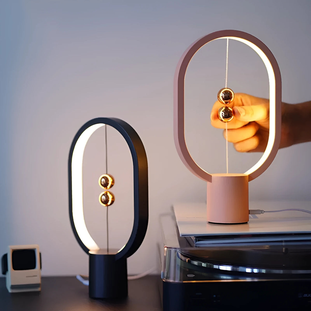Mini magnetic floating switch LED table lamp with plastic shade, USB or rechargeable power, 55x140x250mm or 68x177x353mm