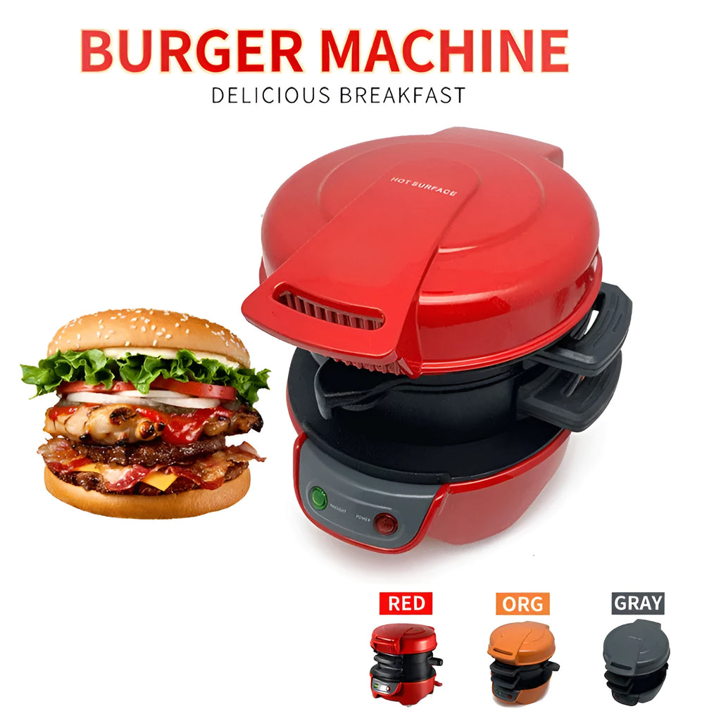 Bright red household breakfast machine sandwich toaster with egg cooker ring on a kitchen counter.