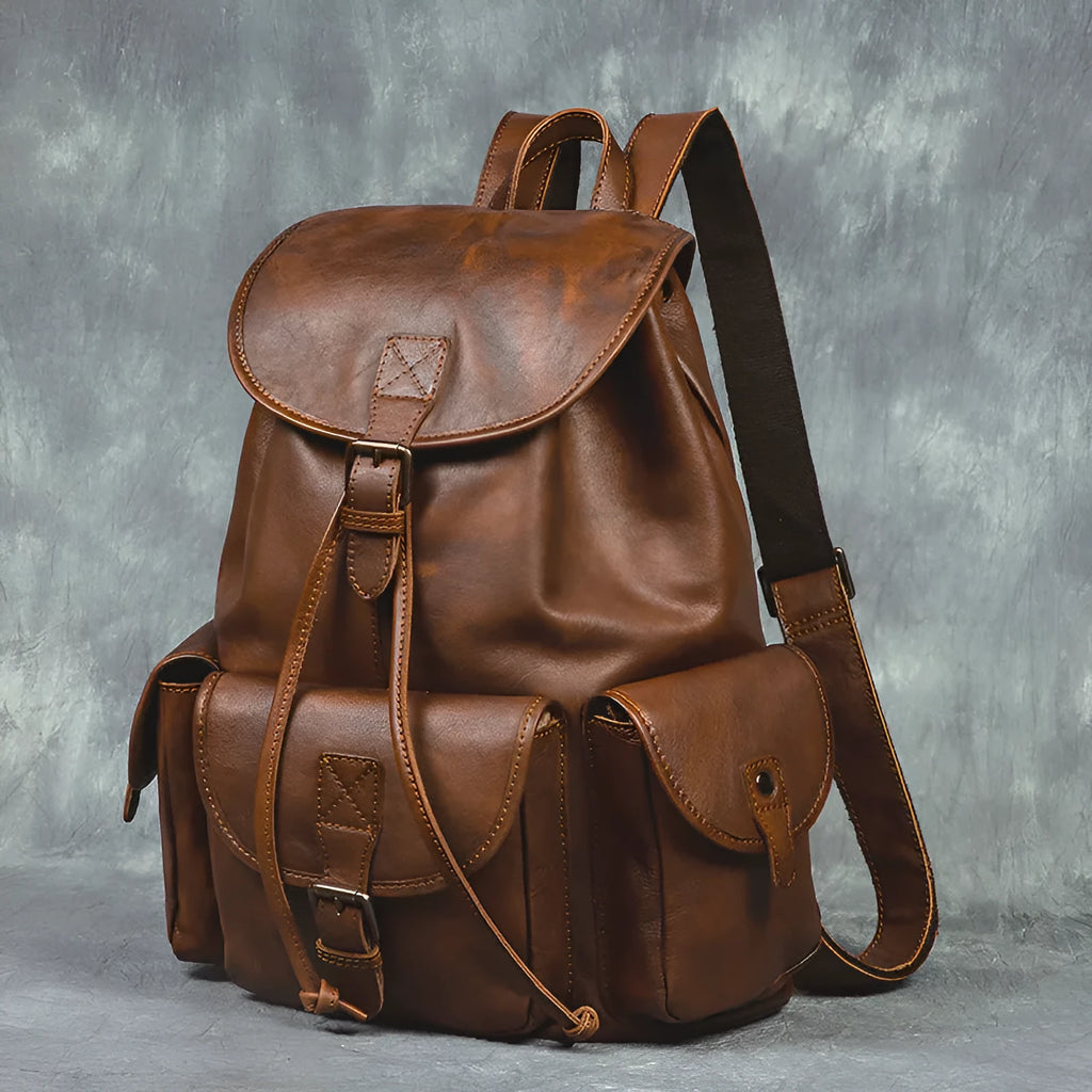 Genuine leather retro backpack with ergonomic back panel and geometric pattern in light brown and black 15 inch