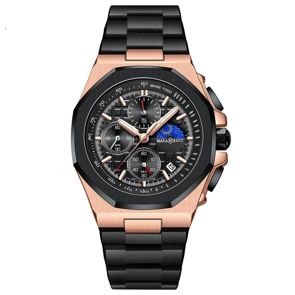Men's quartz watch with mineral glass mirror, 12mm thickness, stainless steel buckle, and waterproof multi-function display