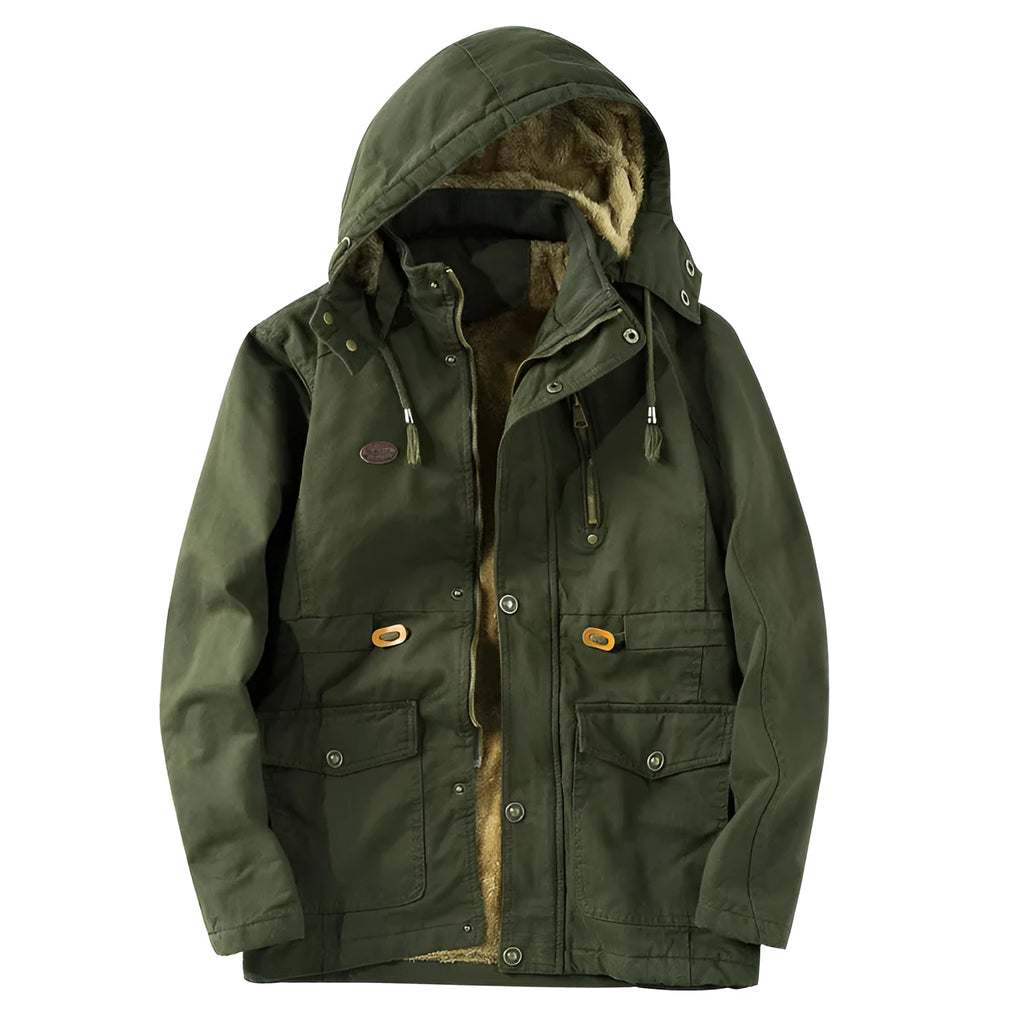 Men's mid-length military jacket, cotton-rich, stand-up collar, green, sizes M-5XL