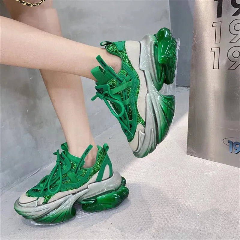 Women's leather casual sports shoes with thick jelly sole and cross-tie lace in multiple colours