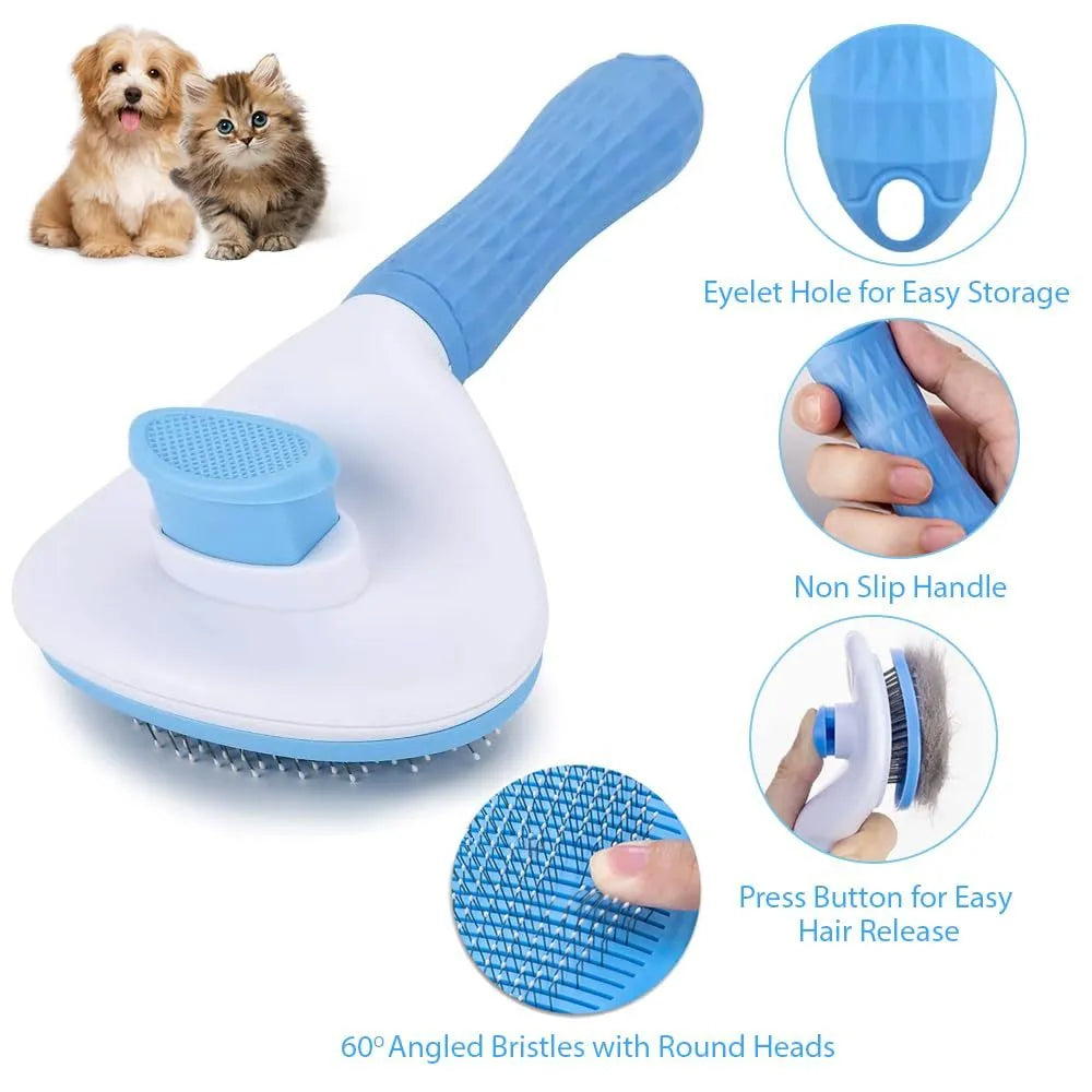 Blue cat grooming brush with release button for removing loose fur from indoor cats