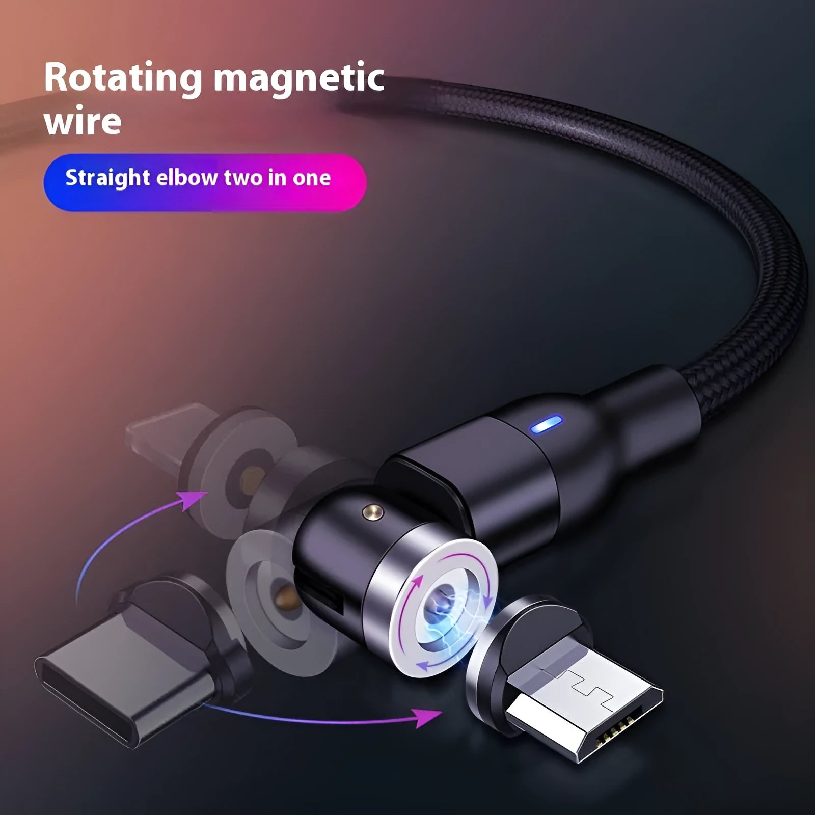 Flat elbow magnetic suction three-in-one data cable with Lightning, Micro USB, and TYPE-C connectors on a 1m woven cord