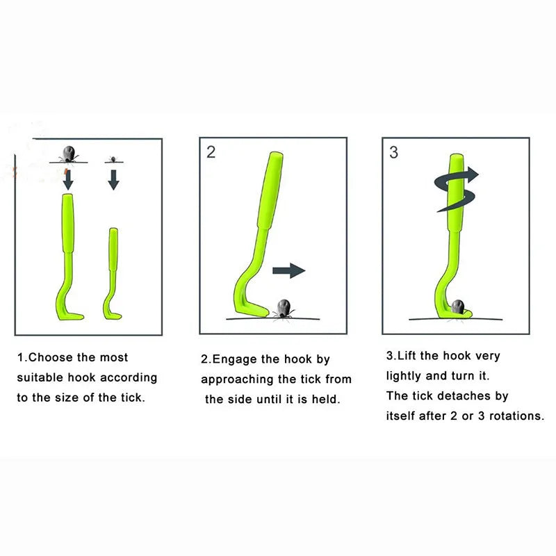 Three plastic tick removal hook tools for pets in blue and green colours