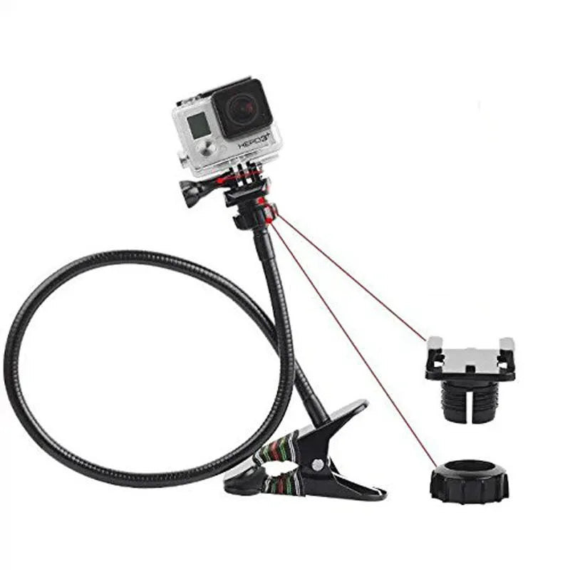 Black universal metal webcam support hose bracket with cellphone holder attached to desk