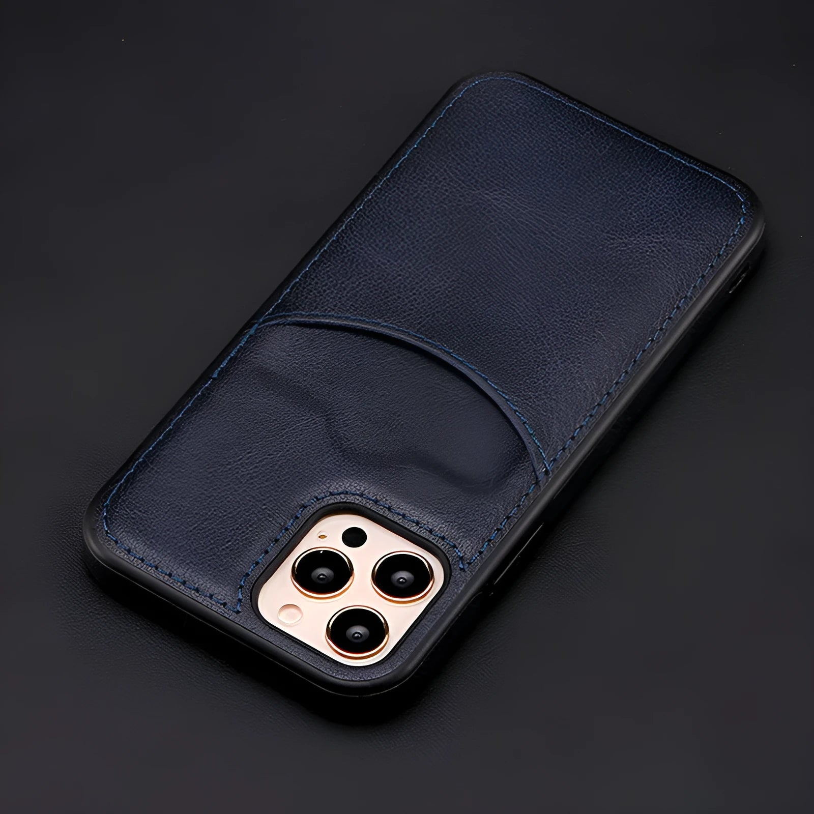 Dark blue PU leather protective case for an iPhone on a table.