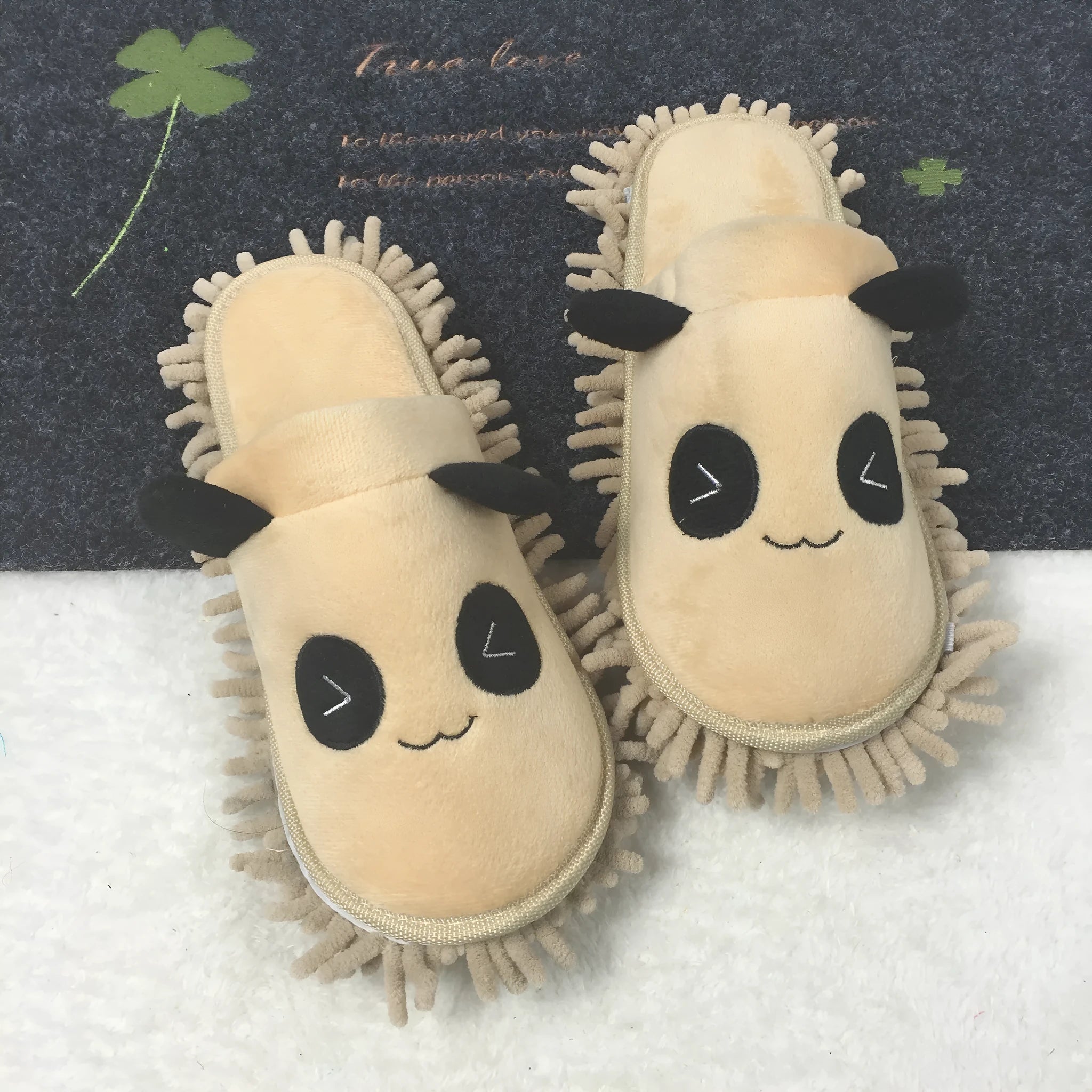 Brown removable panda slippers with coral fleece upper and chenille sole.