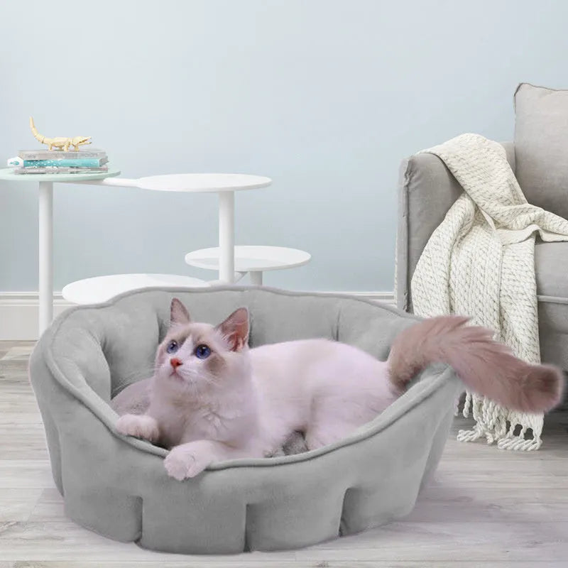 Grey plush cat kennel mat with a removable fabric house, an overhead hammock, and a base for a litter tray.