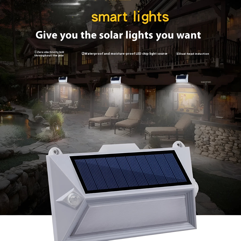Solar-powered outdoor step light with motion sensor in abstract design for mounting on walls or steps.
