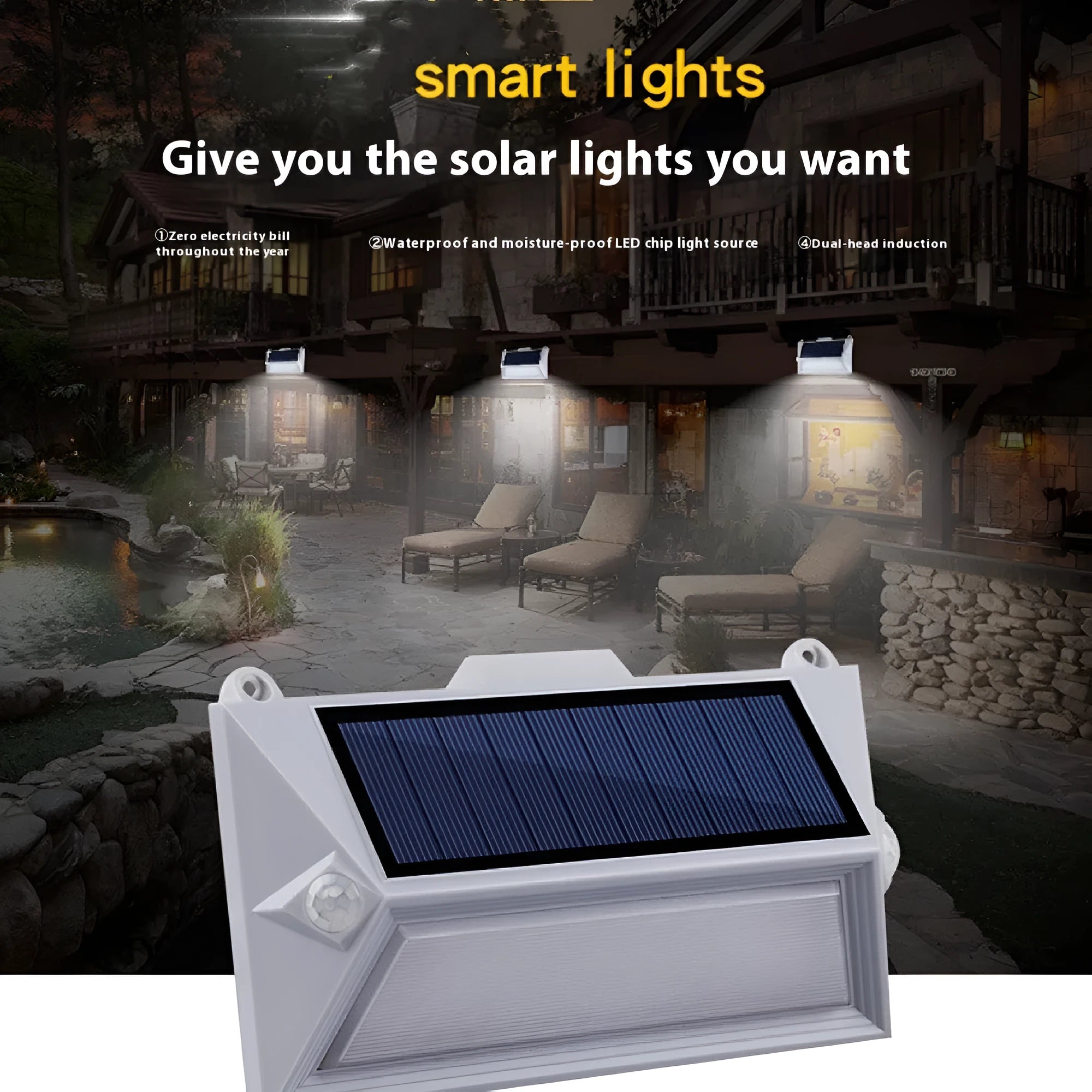 Solar-powered outdoor step light with motion sensor in abstract design for mounting on walls or steps.