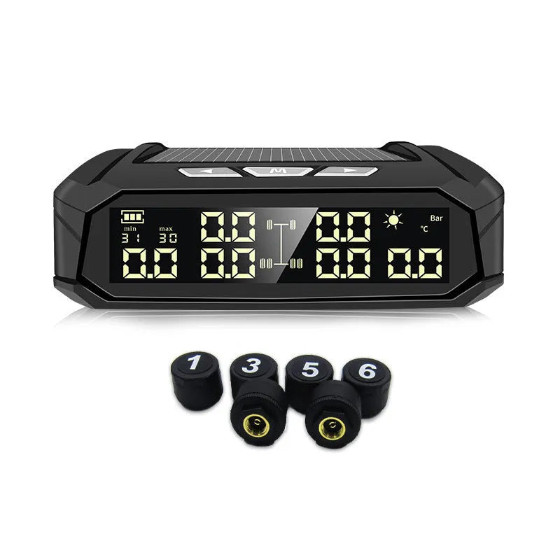 Solar-powered tyre pressure monitor with colour screen and six external sensors for trucks and RVs