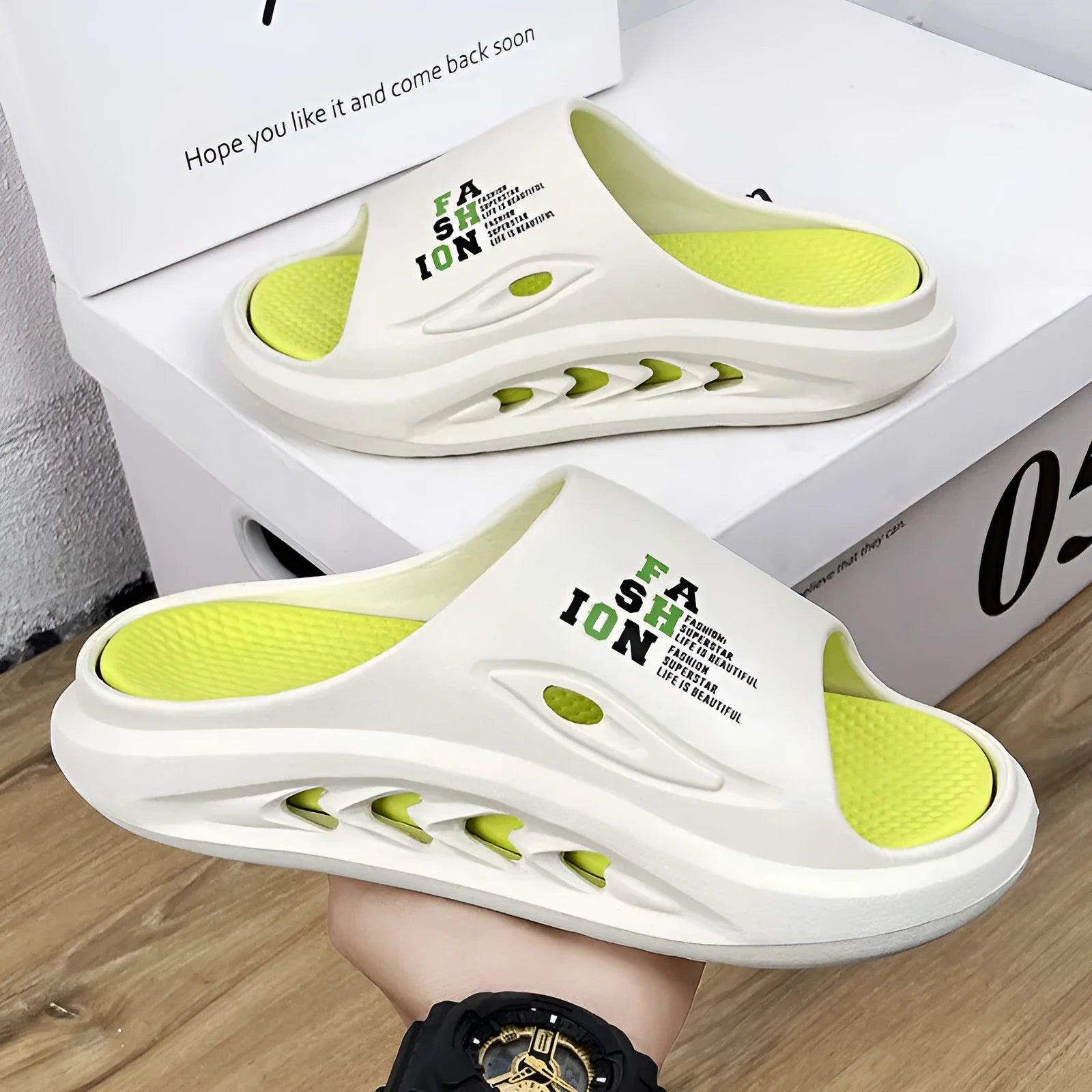 Men's white and green colour-blocked EVA slippers with a thick sole and frosted texture.