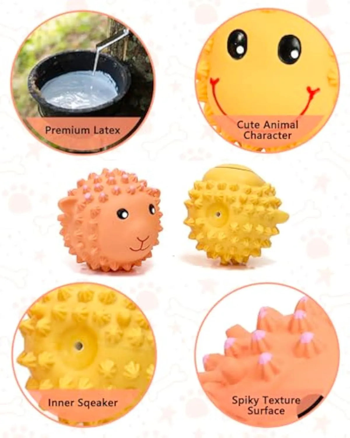 Orange and yellow spiky latex squeaky dog toy shaped like an animal ball