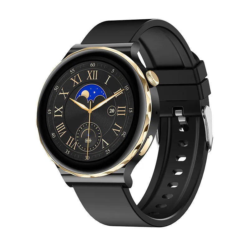 HW52 smart watch with zinc alloy round dial, IPS touch screen, shown in Black Gold, Platinum or White