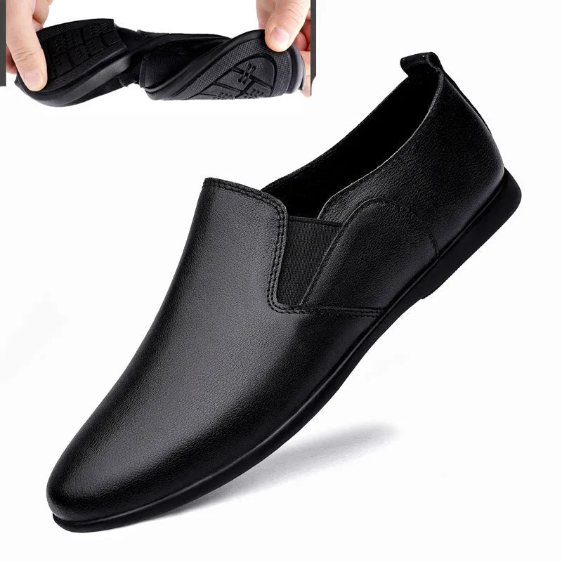Men's black leather round toe business casual shoes on a white background