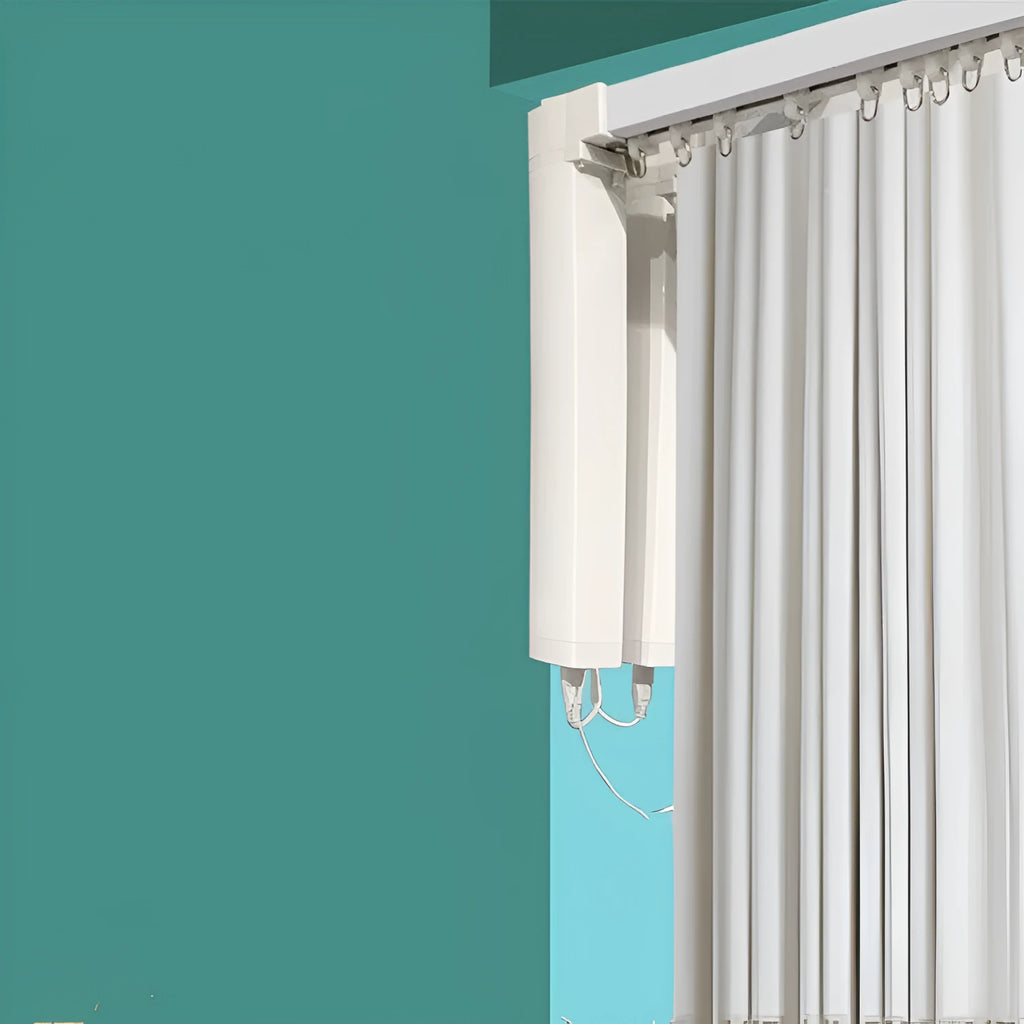 Duya smart curtain motor with aluminium track and remote control for voice-operated automated curtains.