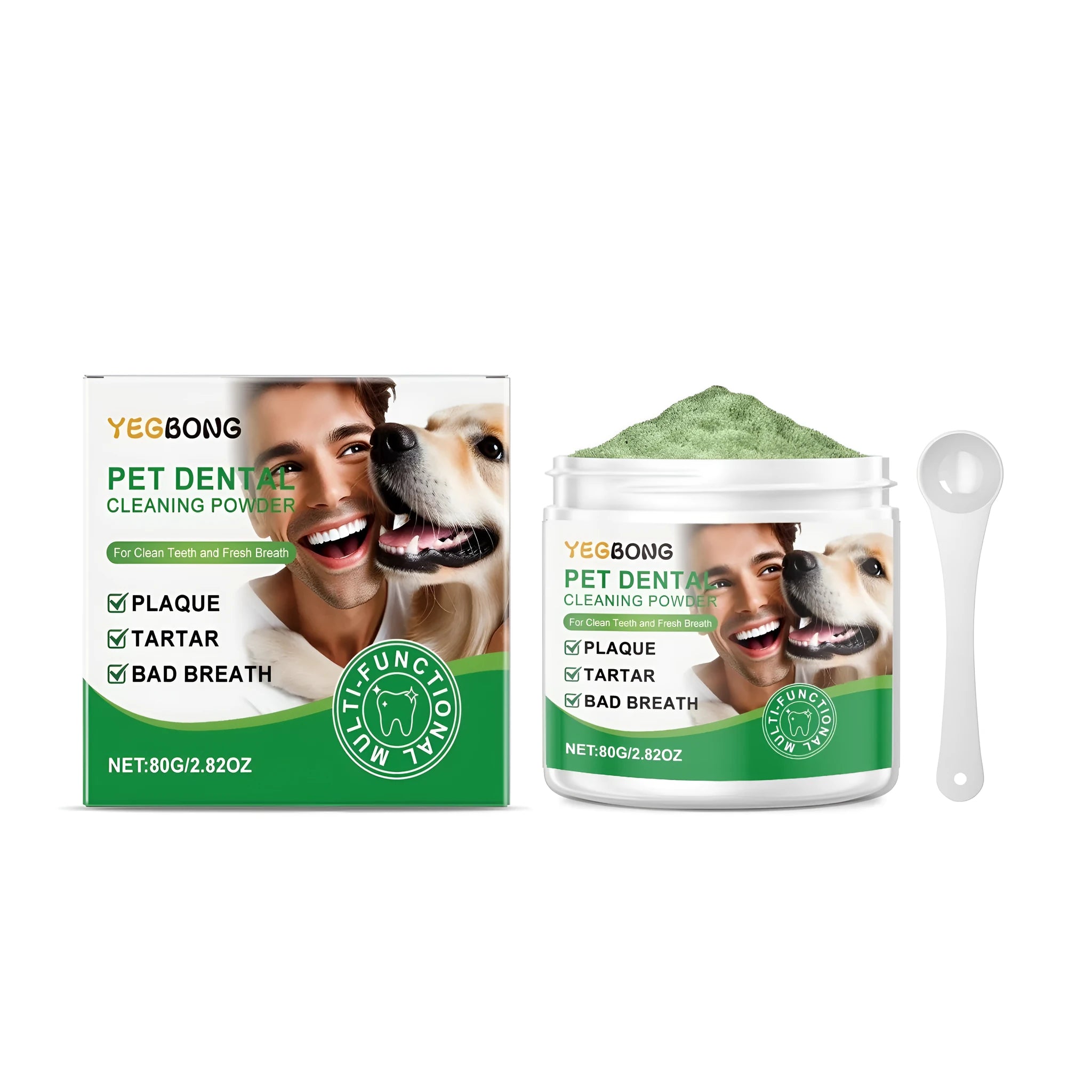 80g pack of dog teeth cleaning powder with mild formula containing sodium bicarbonate and green tea extract