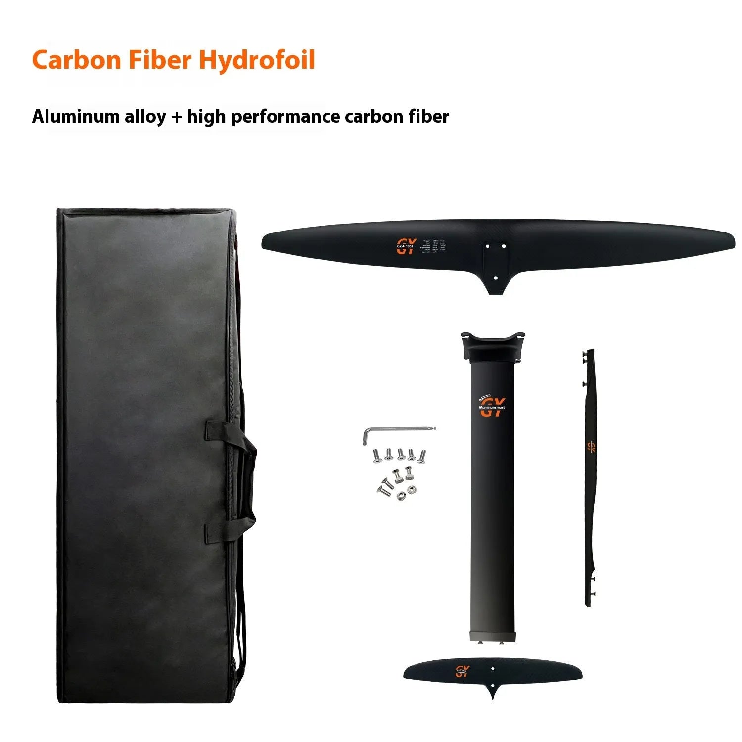Black carbon fibre hydrofoil surfboard with aluminium alloy construction and 1051mm front wing