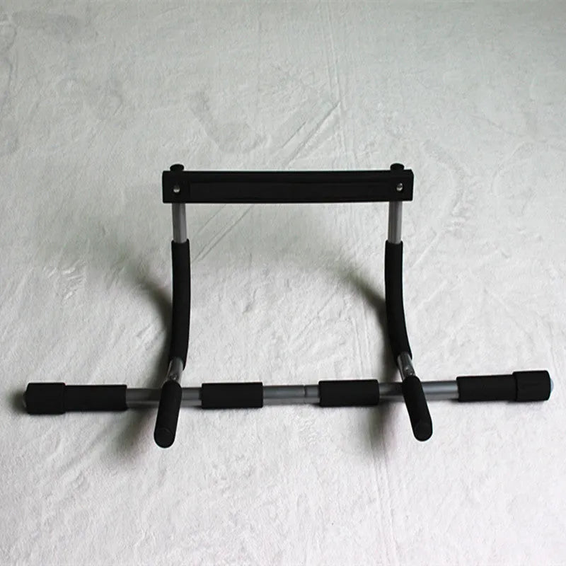 Black steel pipe indoor pull-up bar mounted on door frame for single and double poles exercises