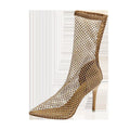 Gold mesh stiletto high heel sandals with pointed toe and slip-on design
