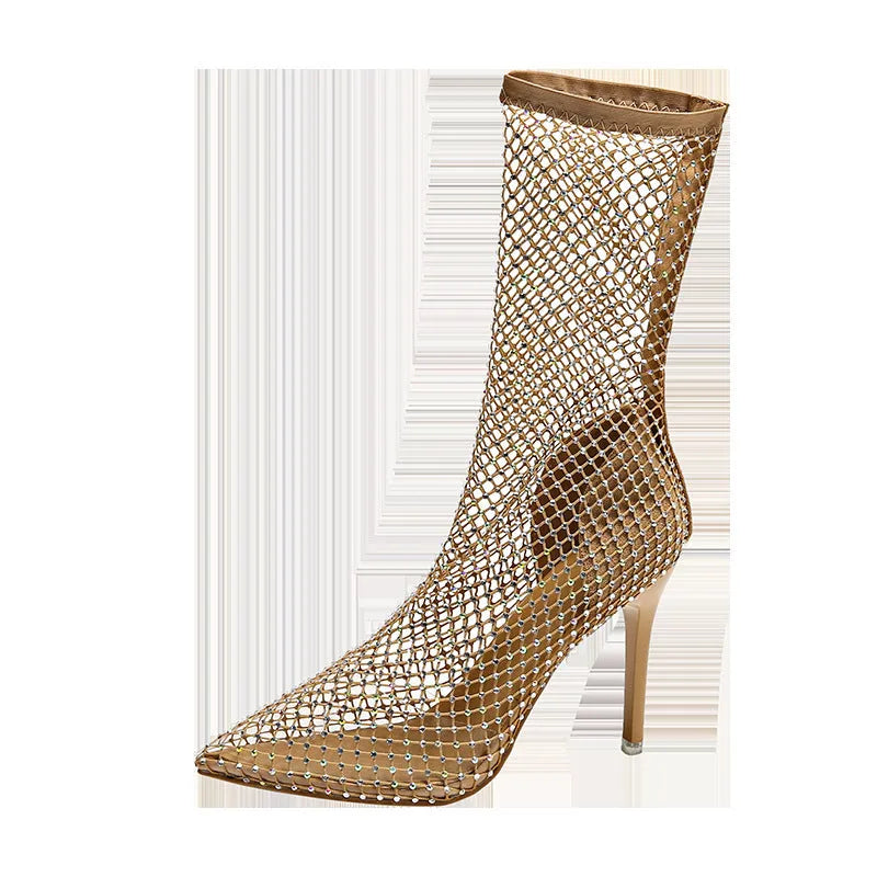 Gold mesh stiletto high heel sandals with pointed toe and slip-on design