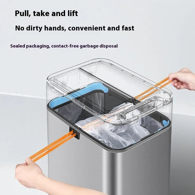 Square inductive smart trash can in stainless steel or white plastic, showing automatic lid open.